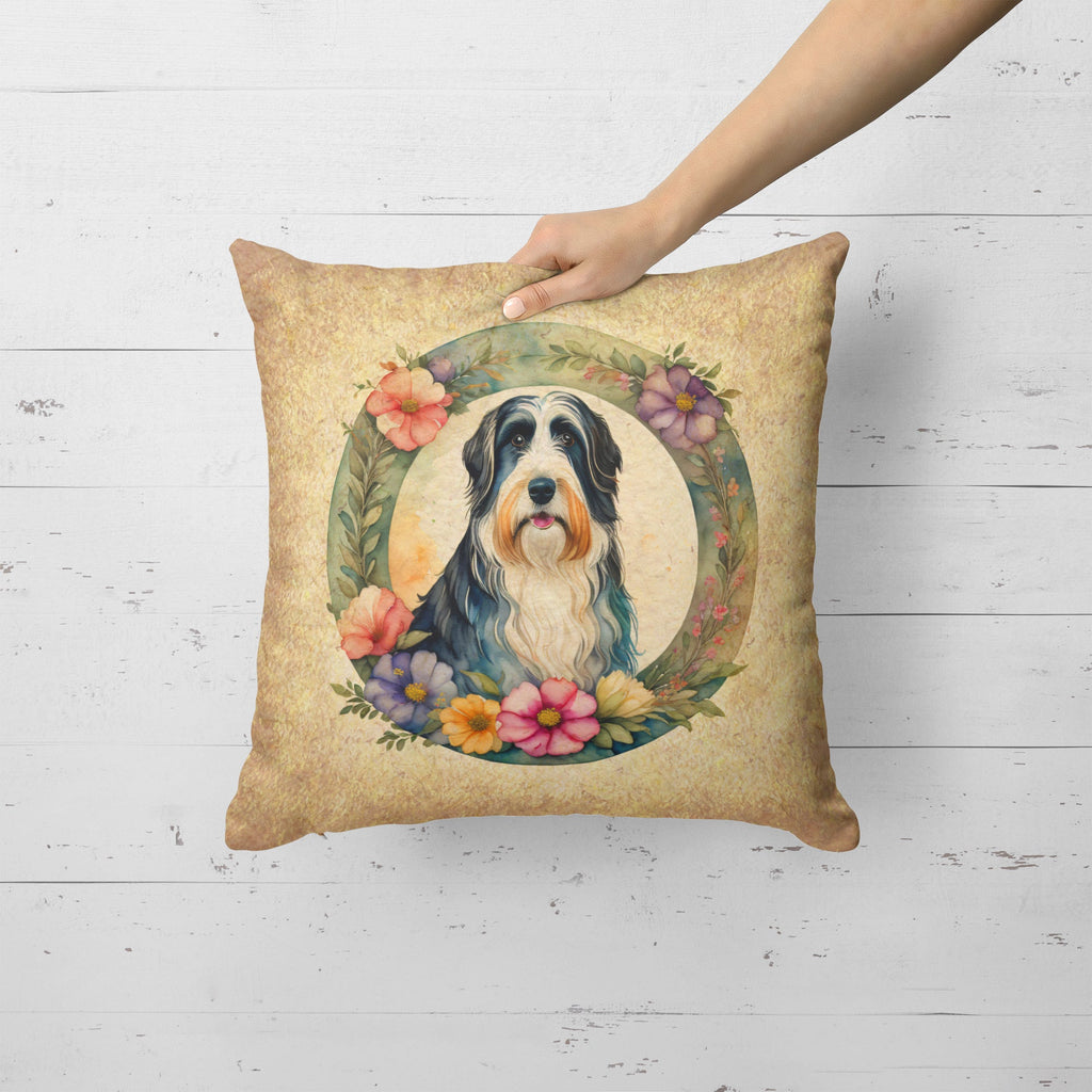 Bearded Collie and Flowers Decorative Throw Pillow 18x18 Indoor Outdoor Accent Cushion, Fabric Cover with Insert for Sofa, Bed, Porch & Living Room