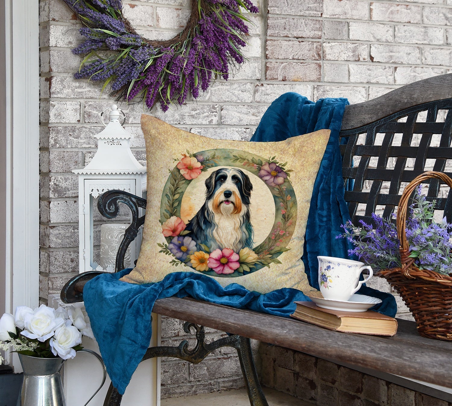 Bearded Collie and Flowers Decorative Throw Pillow 18x18 Indoor Outdoor Accent Cushion, Fabric Cover with Insert for Sofa, Bed, Porch & Living Room