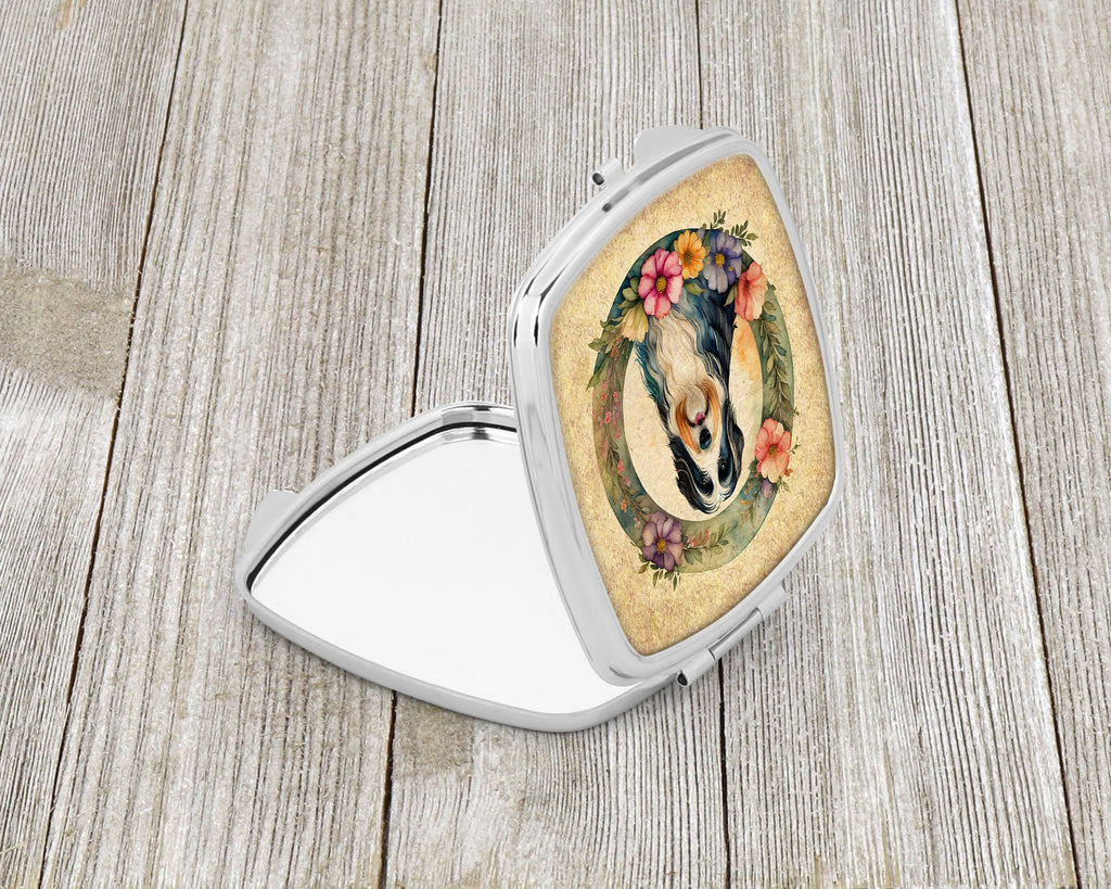 Bearded Collie and Flowers Compact Mirror Decorative Travel Makeup Mirror for Women Girls Gifts Pocket Makeup Mirror Folding Handheld