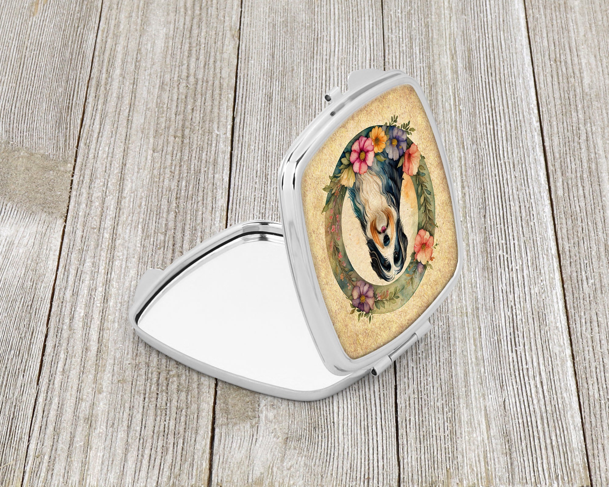 Bearded Collie and Flowers Compact Mirror Decorative Travel Makeup Mirror for Women Girls Gifts Pocket Makeup Mirror Folding Handheld
