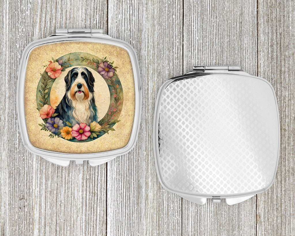 Bearded Collie and Flowers Compact Mirror Decorative Travel Makeup Mirror for Women Girls Gifts Pocket Makeup Mirror Folding Handheld