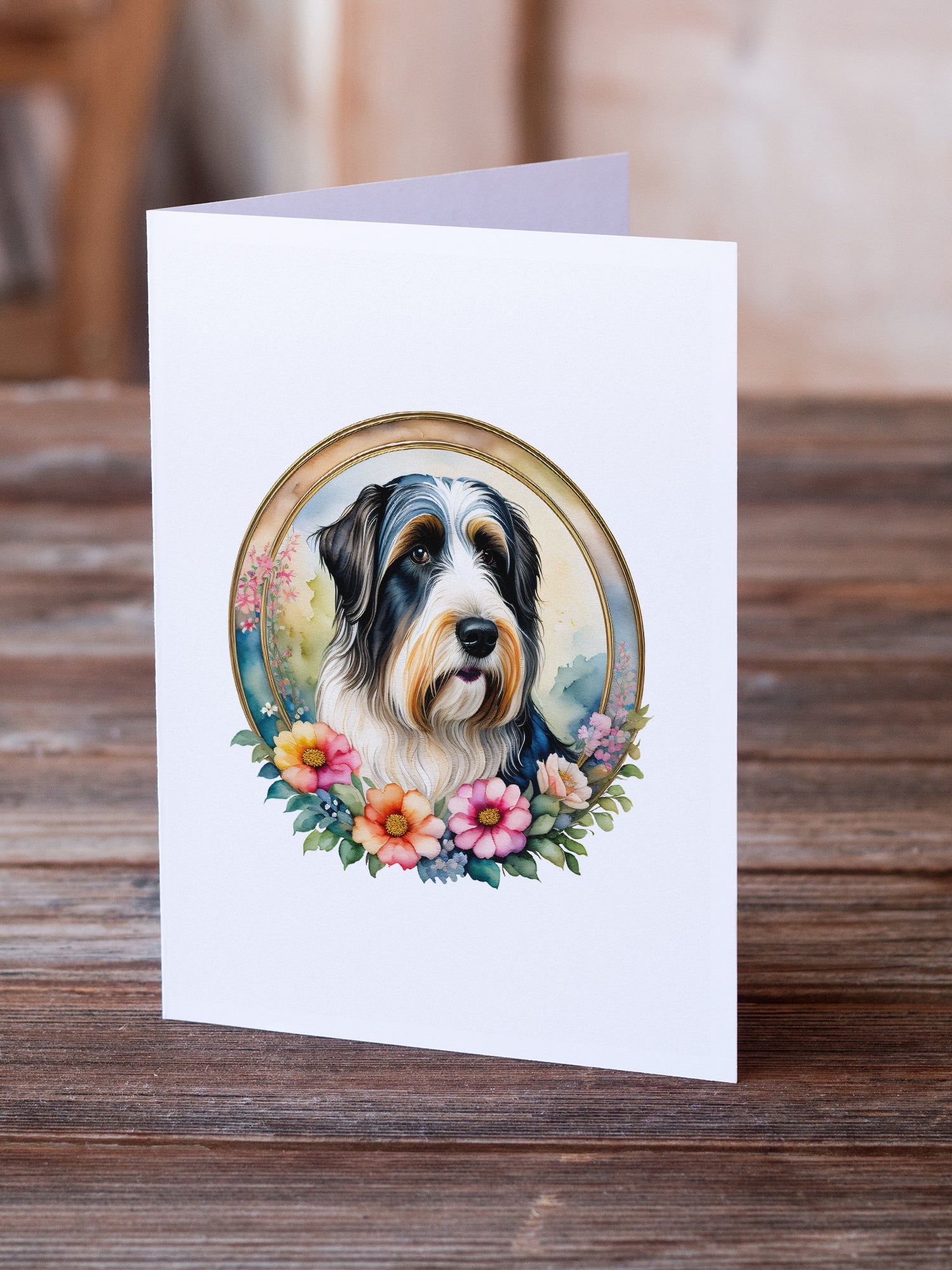 Bearded Collie and Flowers Greeting Cards Pack of 8 Blank Cards with Envelopes Whimsical A7 Size 5x7
