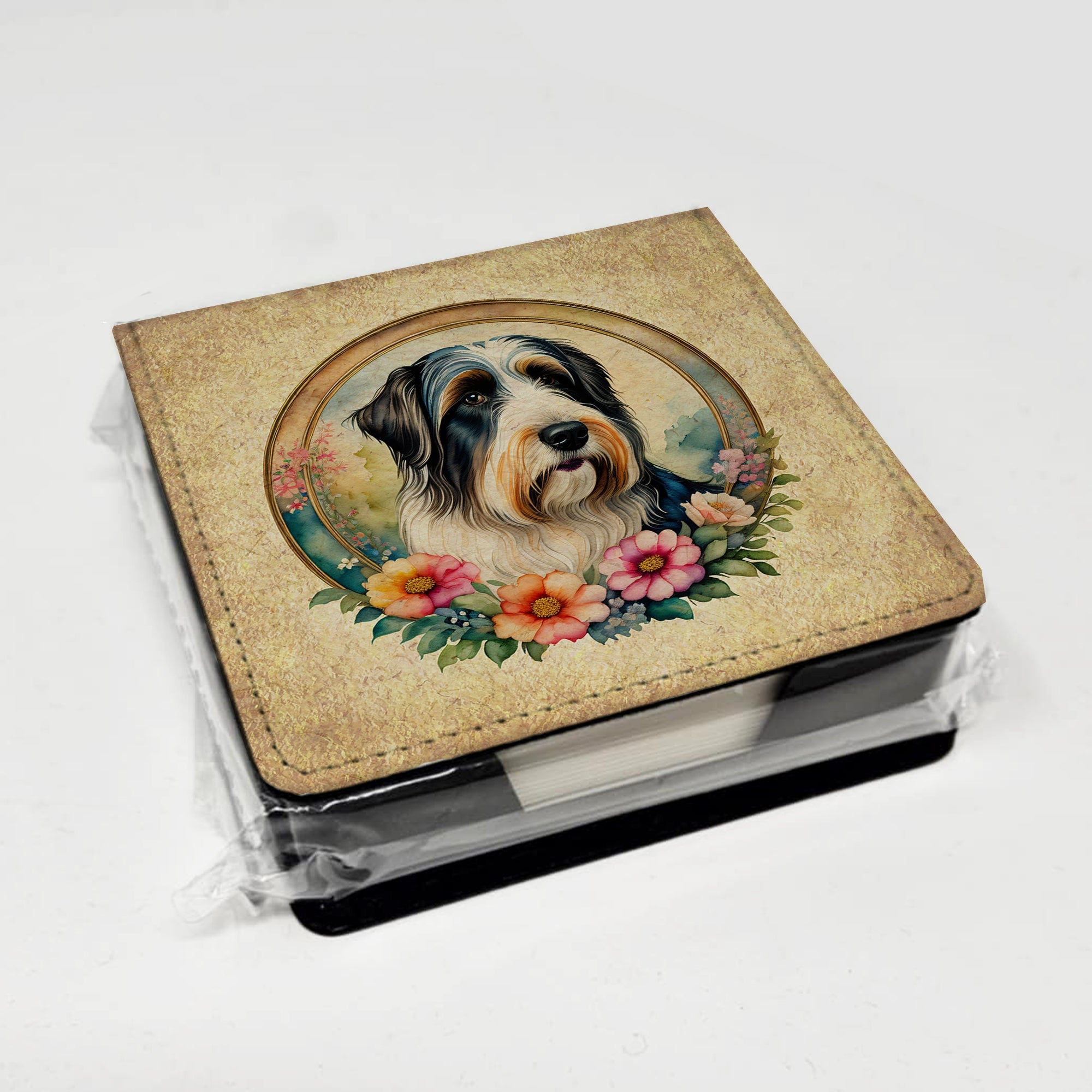 Bearded Collie and Flowers PU Leather Note Paper Holder with Artist-Designed Cover, Desk Accessory, Office Gift