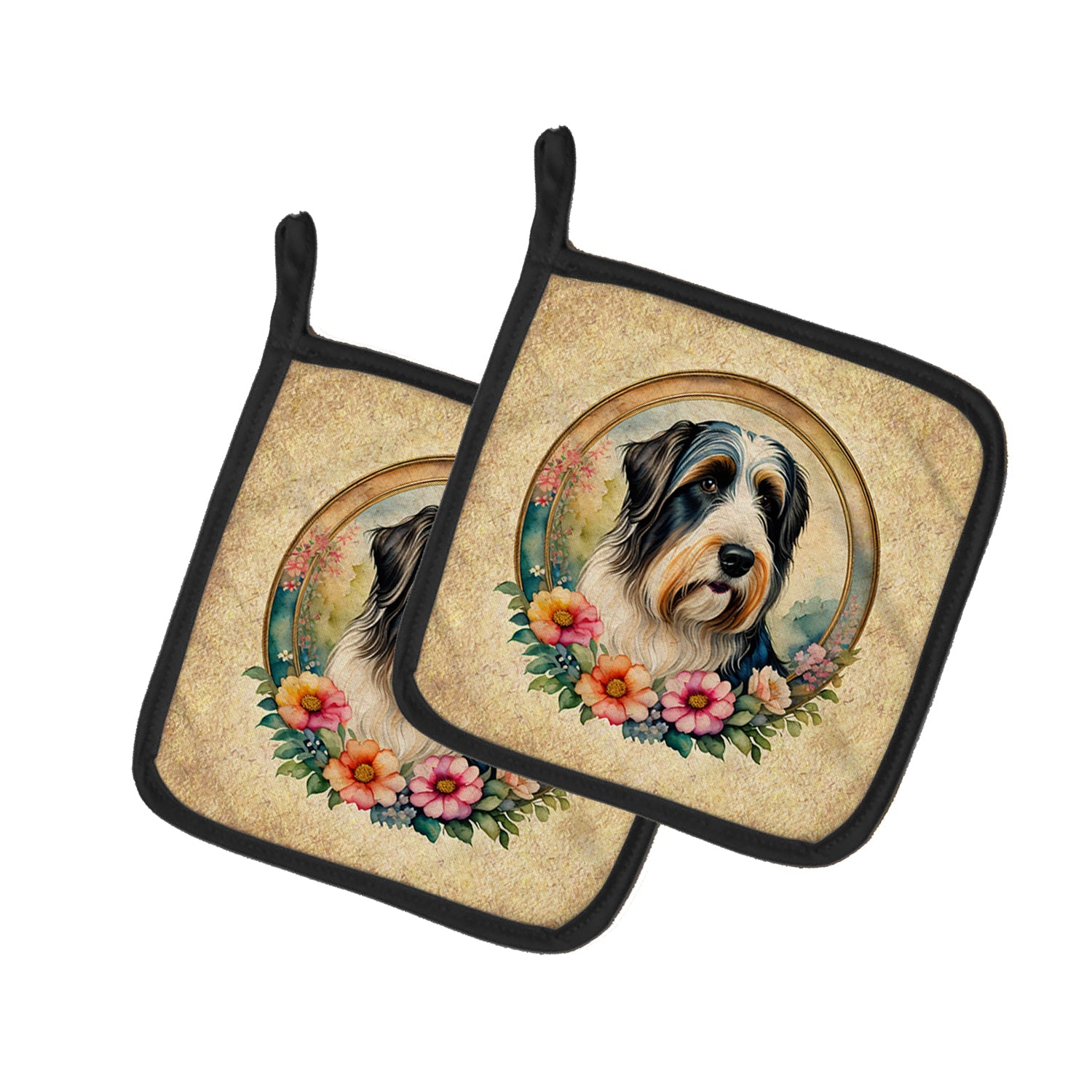 Bearded Collie and Flowers Pot Holder Set of 2 Heat Resistant Quilted Hot Pads 7.5 x 7.5 Inch, Insulated Kitchen Trivets for Cooking & Baking