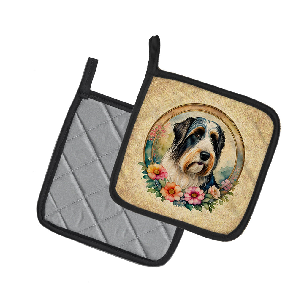 Bearded Collie and Flowers Pot Holder Set of 2 Heat Resistant Quilted Hot Pads 7.5 x 7.5 Inch, Insulated Kitchen Trivets for Cooking & Baking