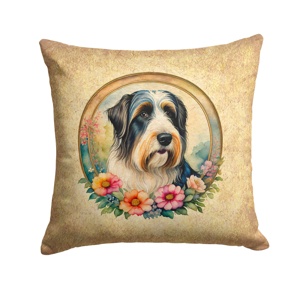 Bearded Collie and Flowers Decorative Throw Pillow 14x14 Indoor Outdoor Accent Cushion, Fabric Cover with Insert for Sofa, Bed, Porch & Living Room
