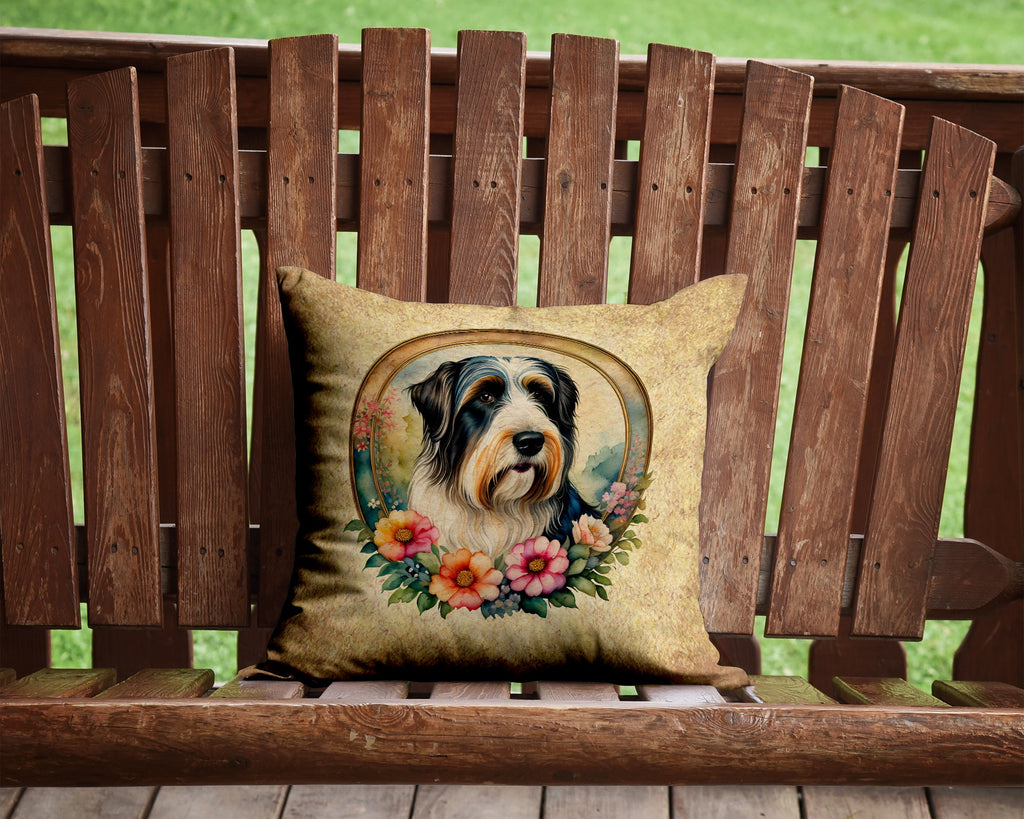 Bearded Collie and Flowers Decorative Throw Pillow 14x14 Indoor Outdoor Accent Cushion, Fabric Cover with Insert for Sofa, Bed, Porch & Living Room