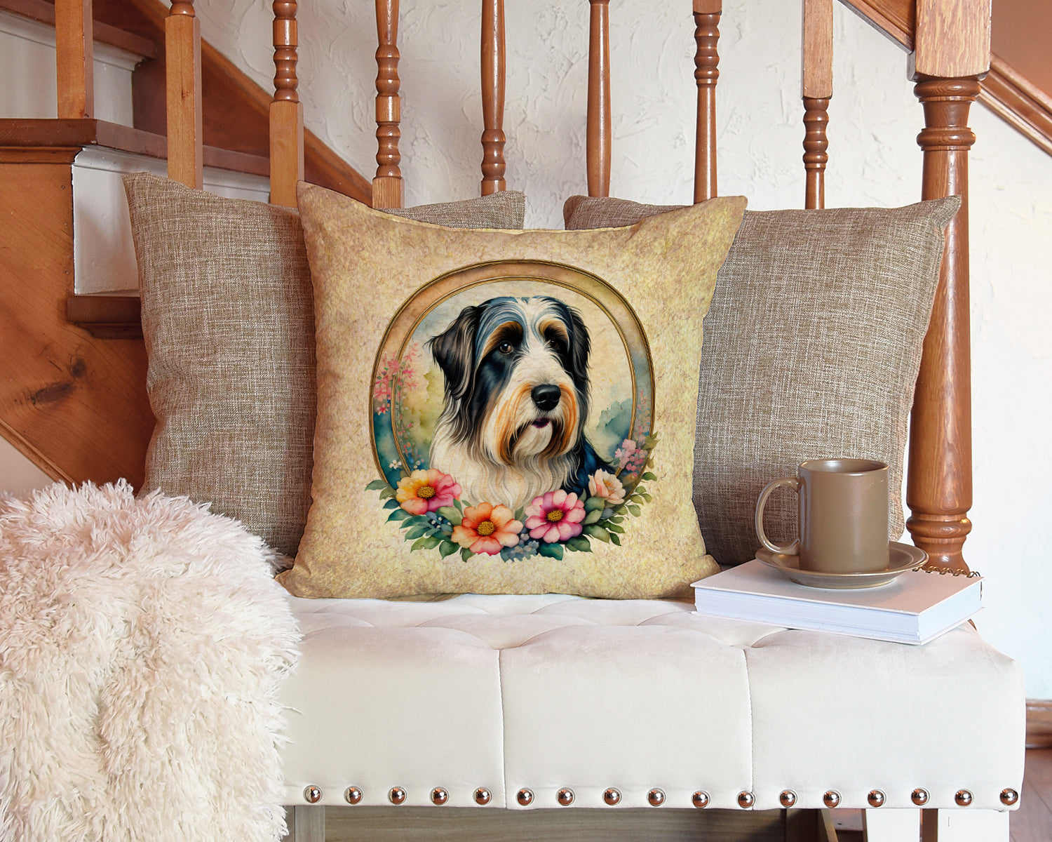 Bearded Collie and Flowers Decorative Throw Pillow 14x14 Indoor Outdoor Accent Cushion, Fabric Cover with Insert for Sofa, Bed, Porch & Living Room