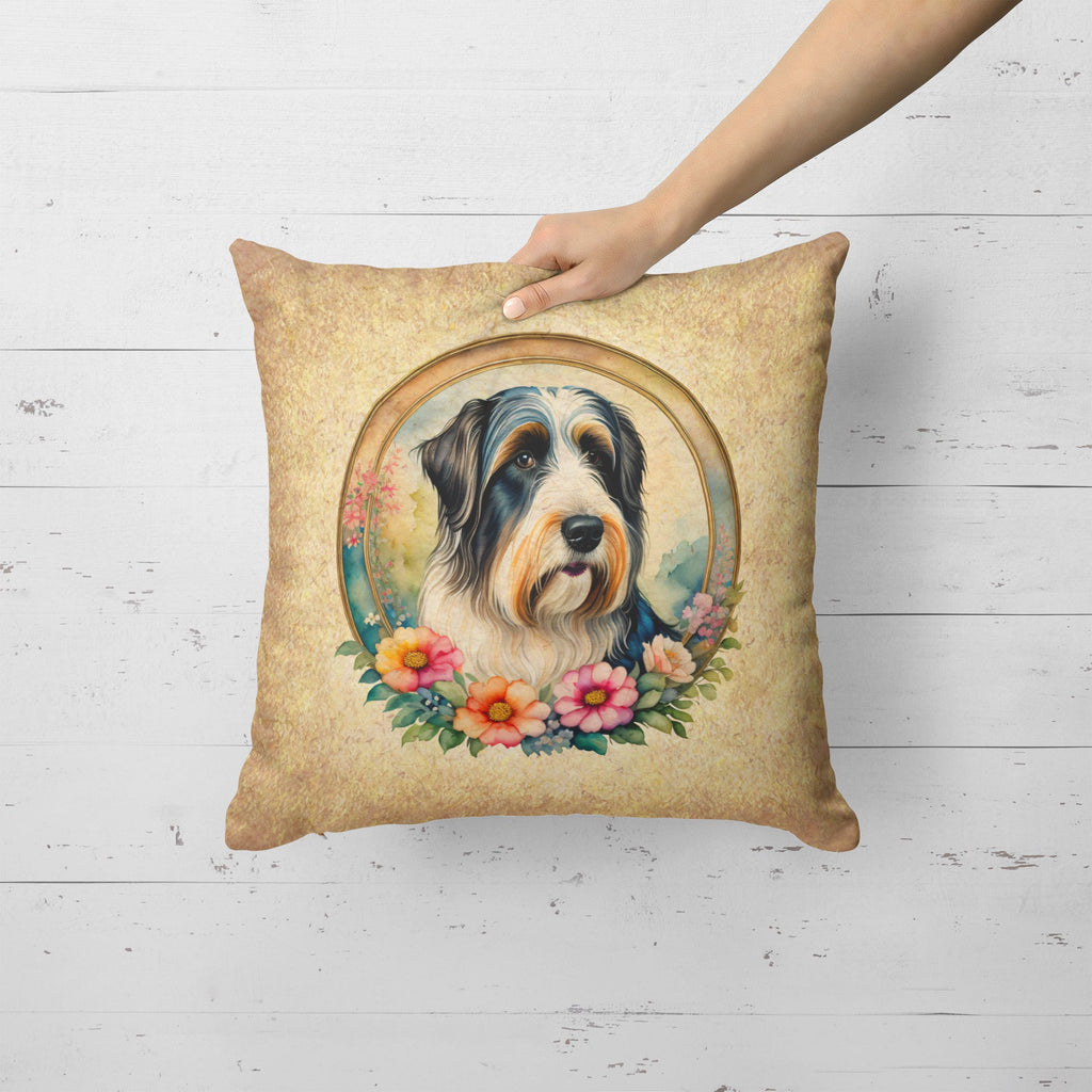 Bearded Collie and Flowers Decorative Throw Pillow 18x18 Indoor Outdoor Accent Cushion, Fabric Cover with Insert for Sofa, Bed, Porch & Living Room