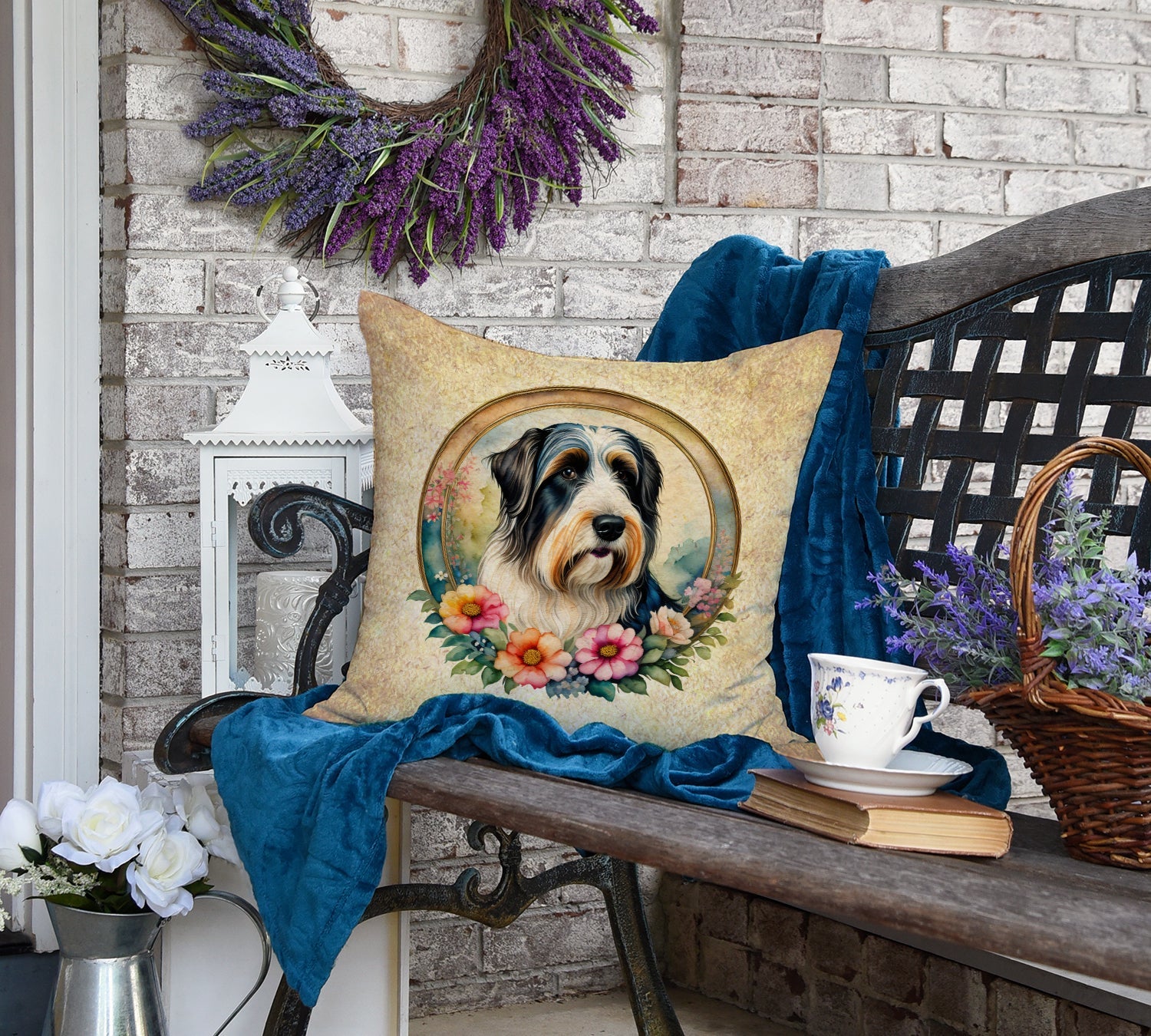 Bearded Collie and Flowers Decorative Throw Pillow 18x18 Indoor Outdoor Accent Cushion, Fabric Cover with Insert for Sofa, Bed, Porch & Living Room