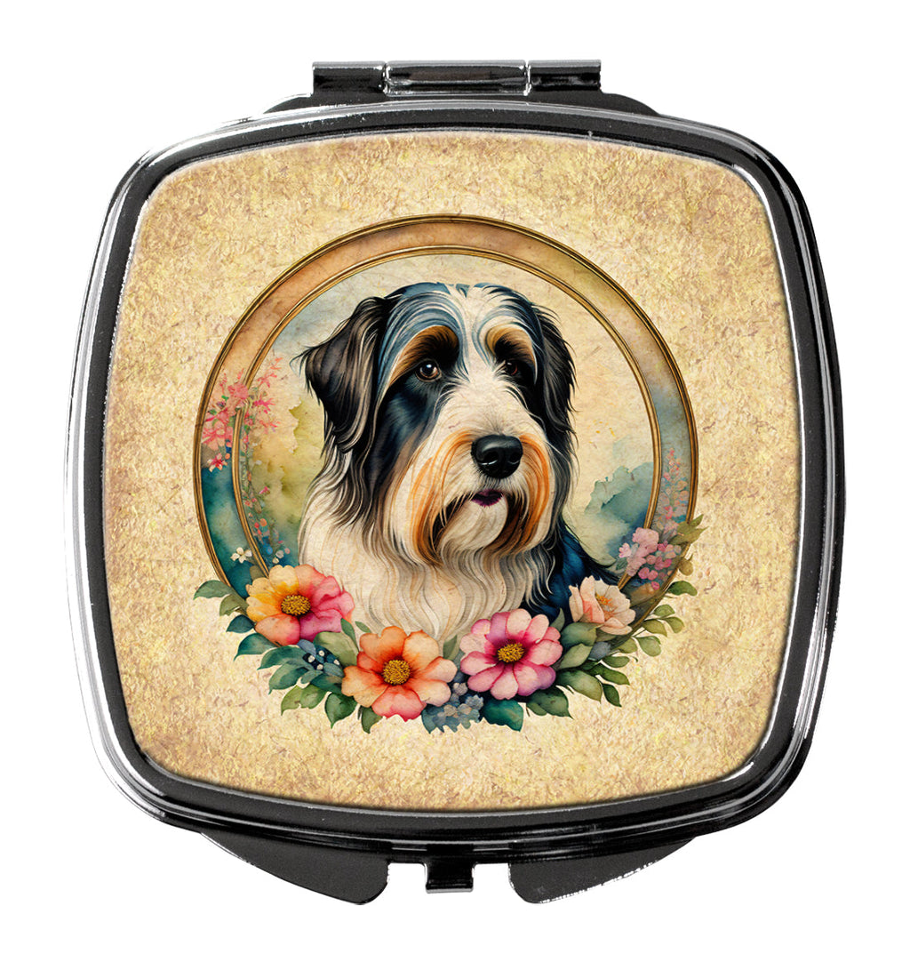 Bearded Collie and Flowers Compact Mirror Decorative Travel Makeup Mirror for Women Girls Gifts Pocket Makeup Mirror Folding Handheld