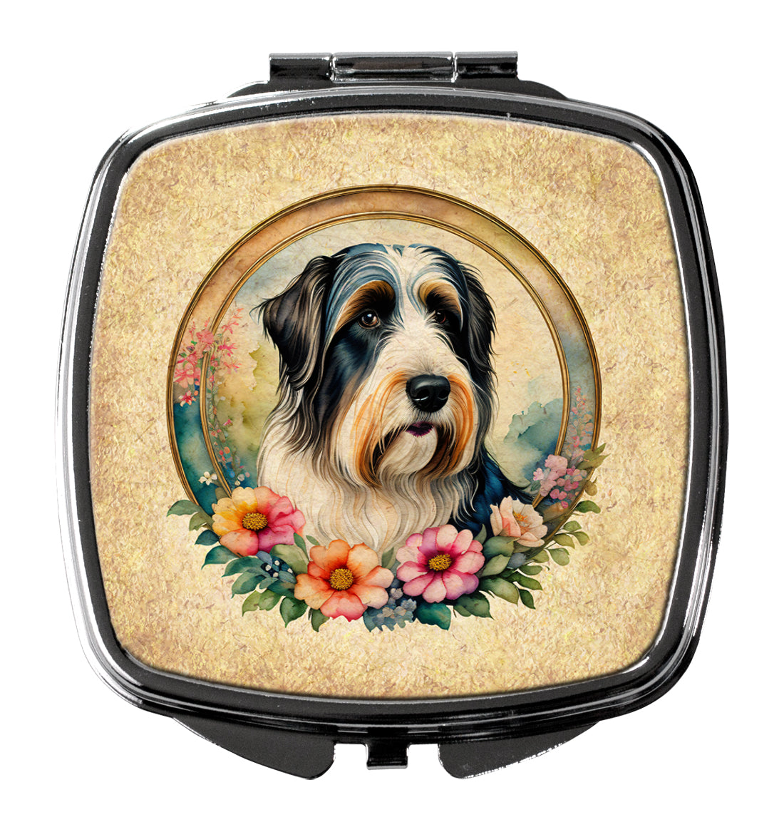 Bearded Collie and Flowers Compact Mirror Decorative Travel Makeup Mirror for Women Girls Gifts Pocket Makeup Mirror Folding Handheld