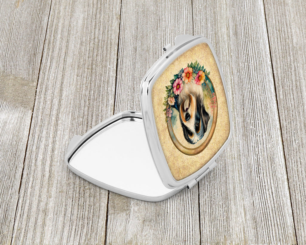Bearded Collie and Flowers Compact Mirror Decorative Travel Makeup Mirror for Women Girls Gifts Pocket Makeup Mirror Folding Handheld