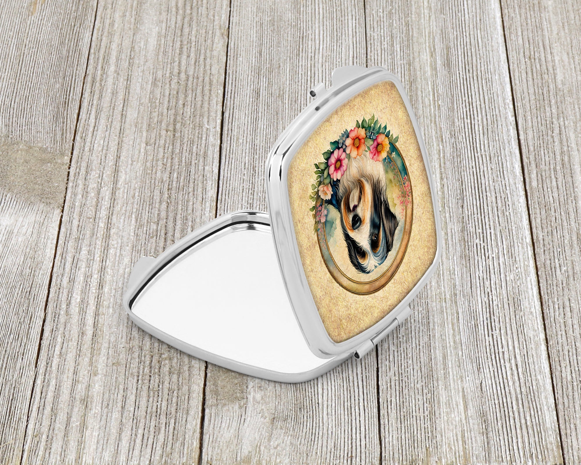 Bearded Collie and Flowers Compact Mirror Decorative Travel Makeup Mirror for Women Girls Gifts Pocket Makeup Mirror Folding Handheld