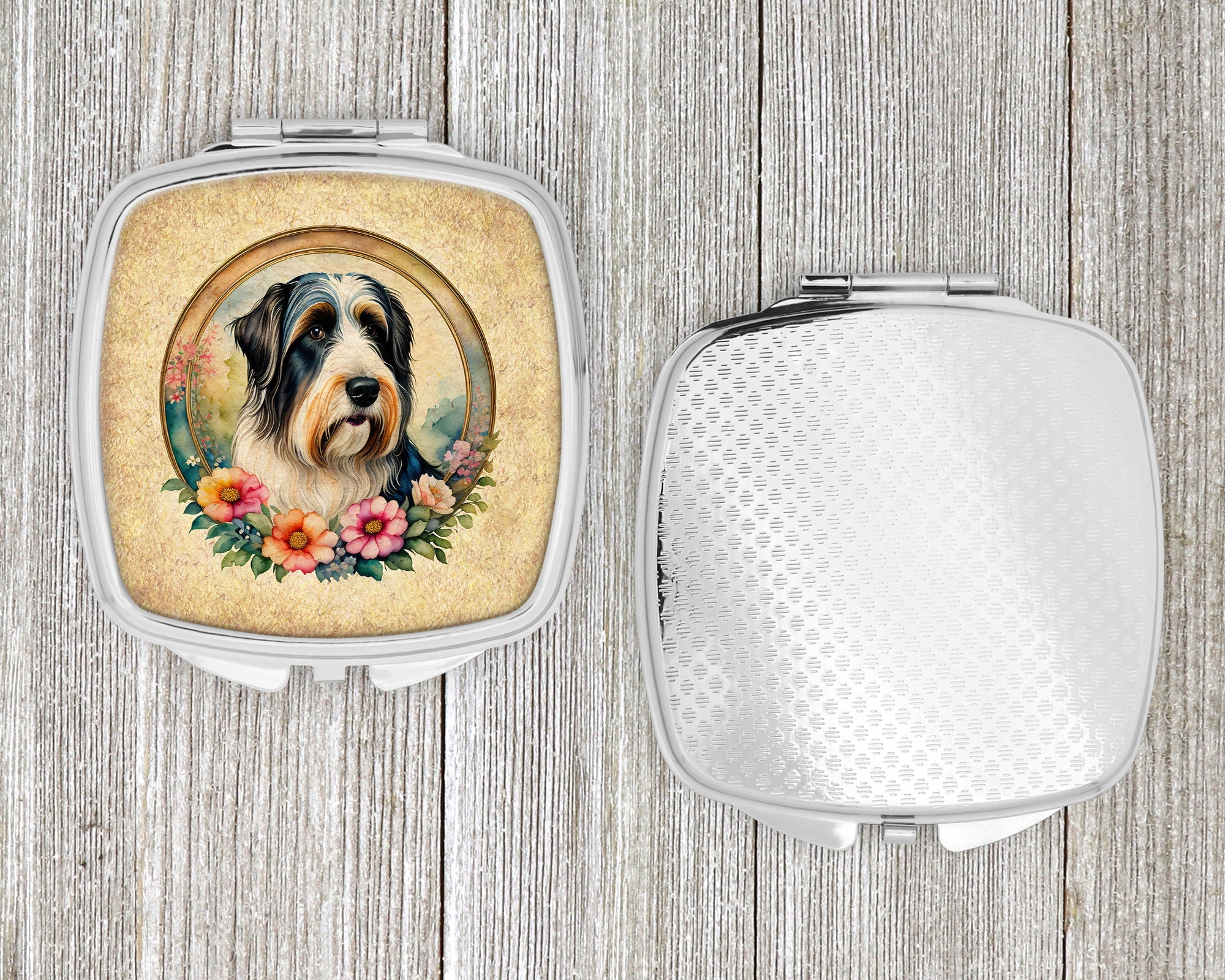 Bearded Collie and Flowers Compact Mirror Decorative Travel Makeup Mirror for Women Girls Gifts Pocket Makeup Mirror Folding Handheld