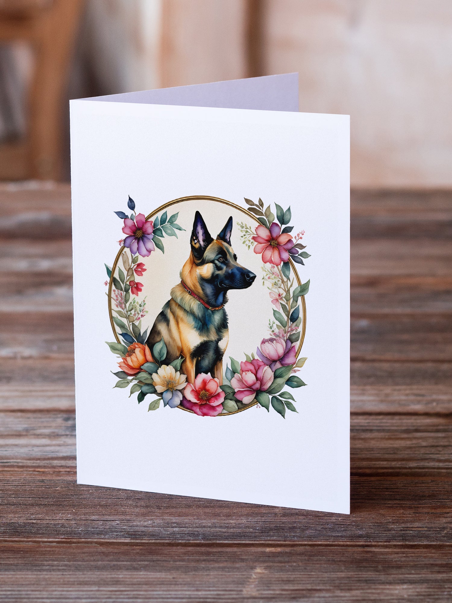 Belgian Malinois and Flowers Greeting Cards Pack of 8 Blank Cards with Envelopes Whimsical A7 Size 5x7