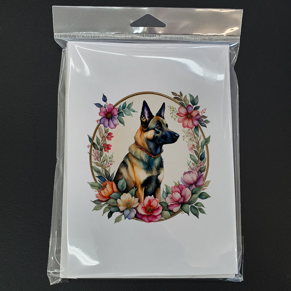 Belgian Malinois and Flowers Greeting Cards Pack of 8 Blank Cards with Envelopes Whimsical A7 Size 5x7