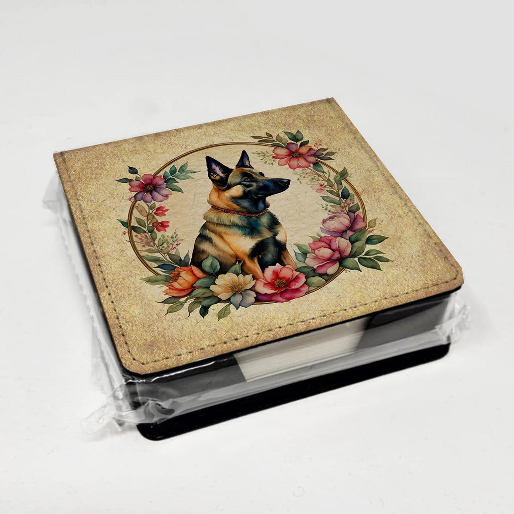 Belgian Malinois and Flowers PU Leather Note Paper Holder with Artist-Designed Cover, Desk Accessory, Office Gift