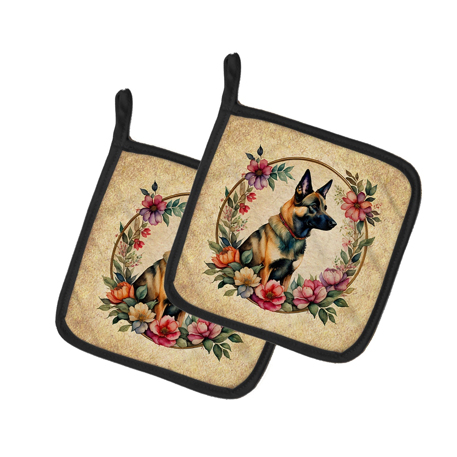 Belgian Malinois and Flowers Pot Holder Set of 2 Heat Resistant Quilted Hot Pads 7.5 x 7.5 Inch, Insulated Kitchen Trivets for Cooking & Baking