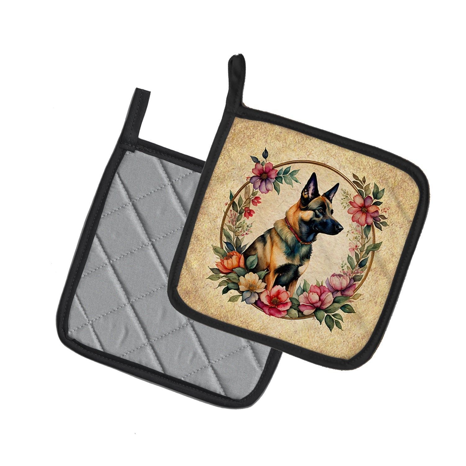 Belgian Malinois and Flowers Pot Holder Set of 2 Heat Resistant Quilted Hot Pads 7.5 x 7.5 Inch, Insulated Kitchen Trivets for Cooking & Baking