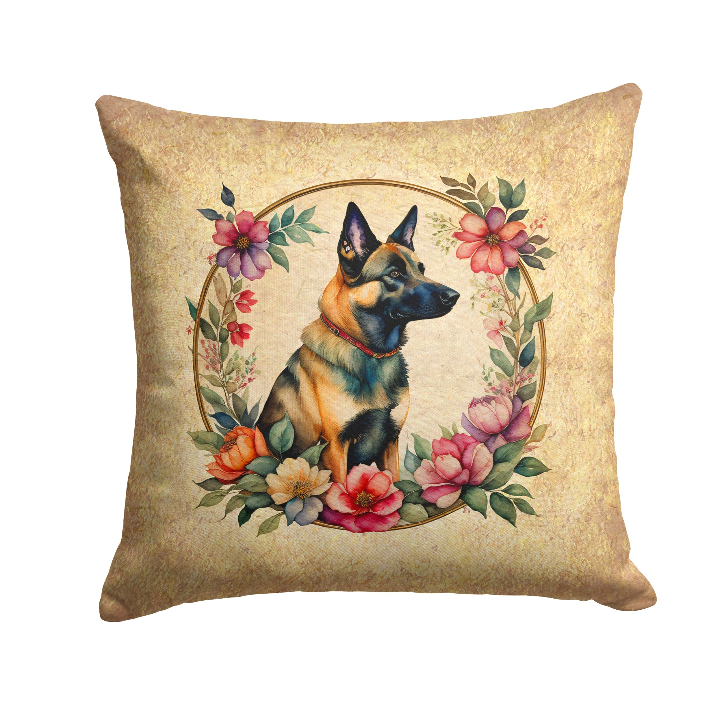 Belgian Malinois and Flowers Decorative Throw Pillow 14x14 Indoor Outdoor Accent Cushion, Fabric Cover with Insert for Sofa, Bed, Porch & Living Room