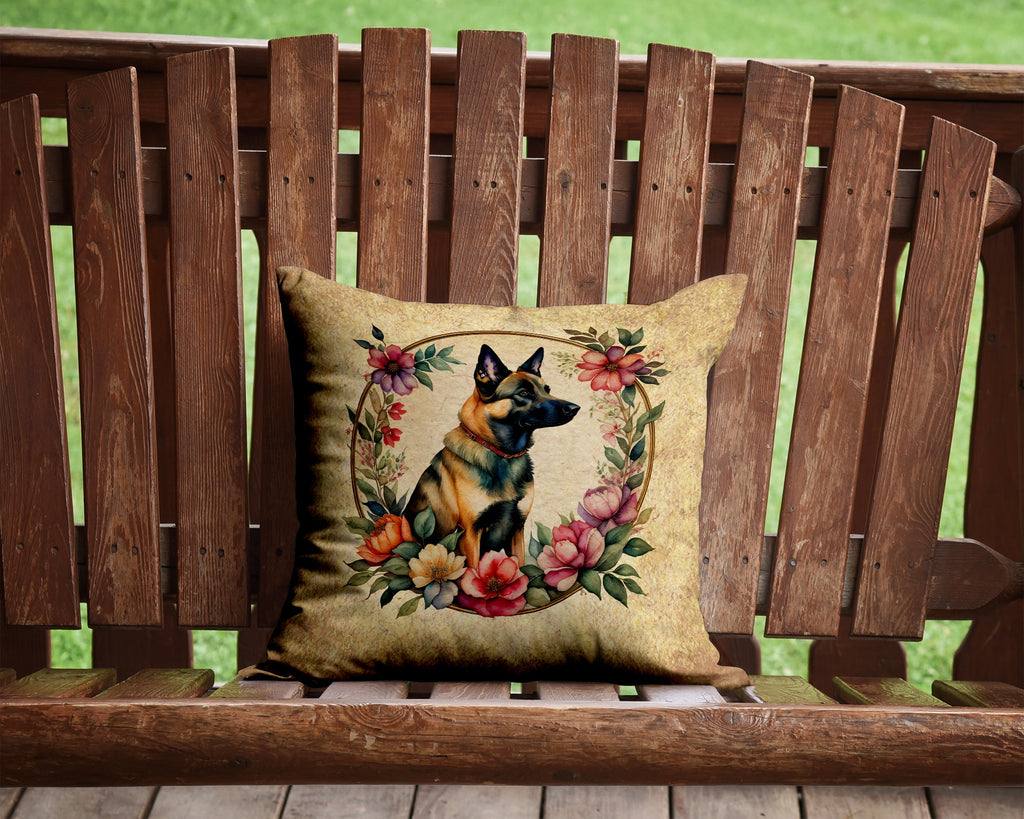 Belgian Malinois and Flowers Decorative Throw Pillow 14x14 Indoor Outdoor Accent Cushion, Fabric Cover with Insert for Sofa, Bed, Porch & Living Room