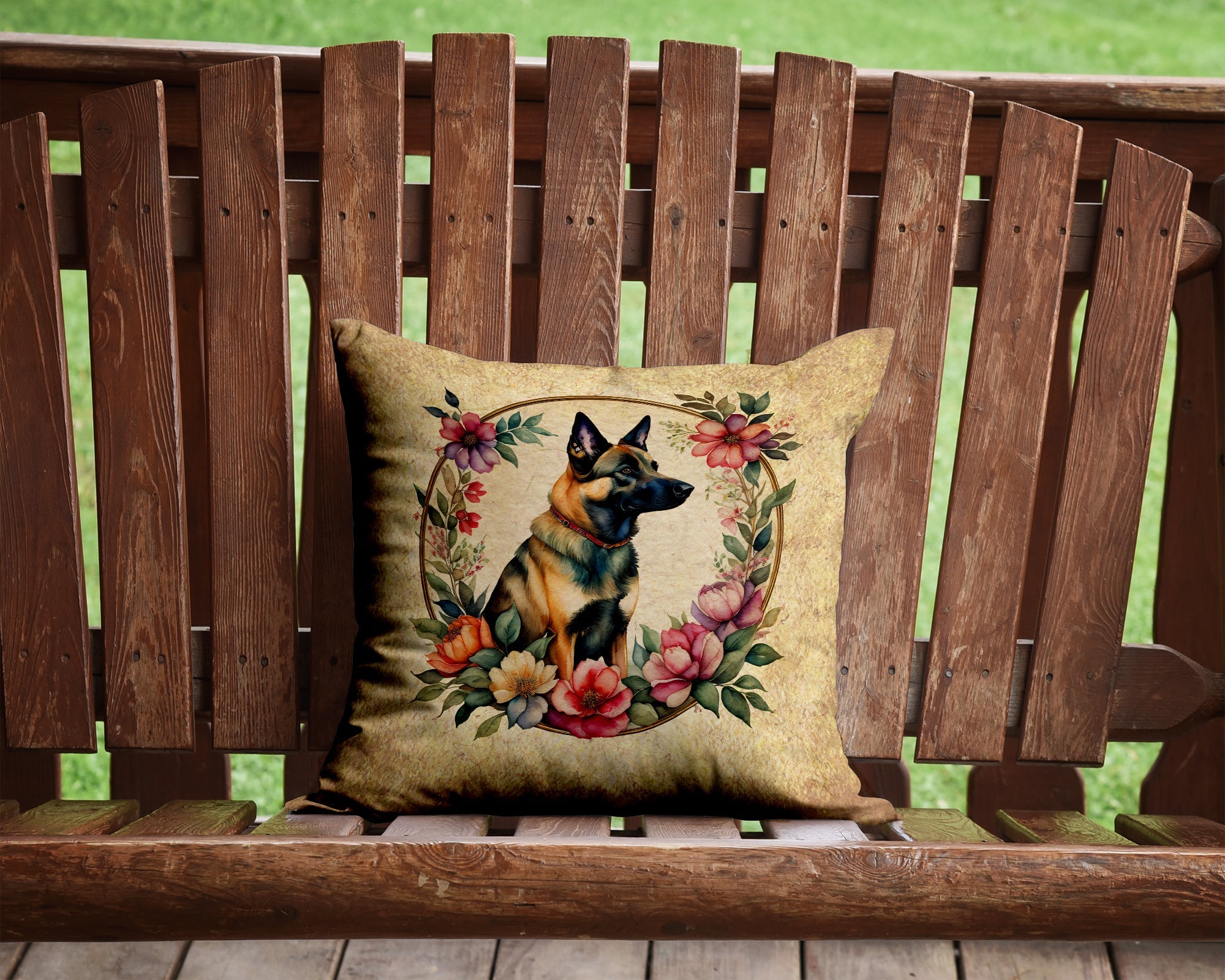 Belgian Malinois and Flowers Decorative Throw Pillow 14x14 Indoor Outdoor Accent Cushion, Fabric Cover with Insert for Sofa, Bed, Porch & Living Room