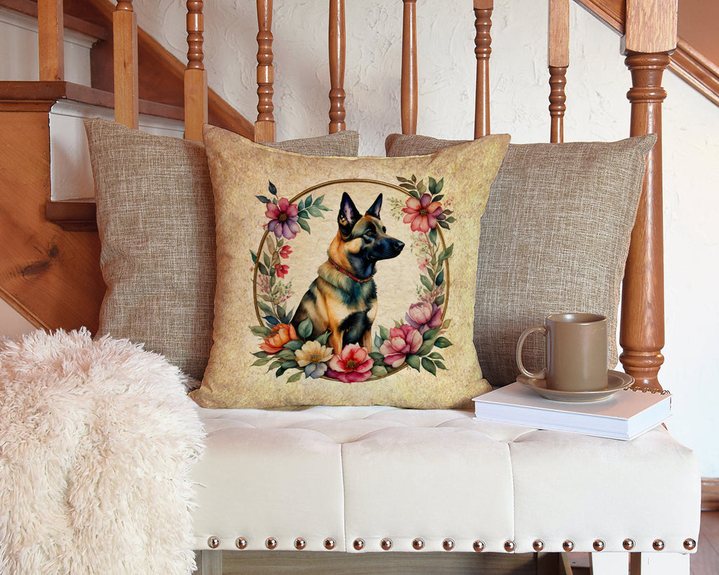 Belgian Malinois and Flowers Decorative Throw Pillow 14x14 Indoor Outdoor Accent Cushion, Fabric Cover with Insert for Sofa, Bed, Porch & Living Room