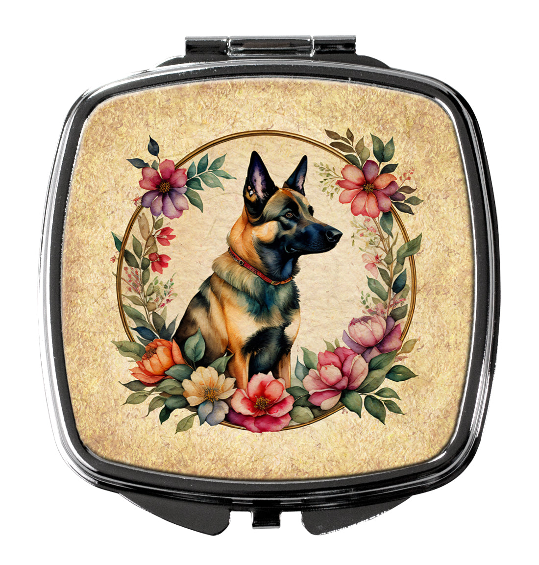 Belgian Malinois and Flowers Compact Mirror Decorative Travel Makeup Mirror for Women Girls Gifts Pocket Makeup Mirror Folding Handheld
