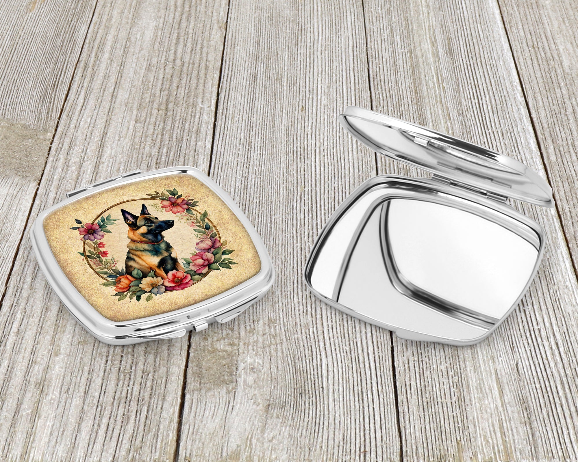 Belgian Malinois and Flowers Compact Mirror Decorative Travel Makeup Mirror for Women Girls Gifts Pocket Makeup Mirror Folding Handheld