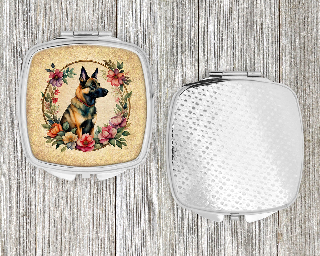 Belgian Malinois and Flowers Compact Mirror Decorative Travel Makeup Mirror for Women Girls Gifts Pocket Makeup Mirror Folding Handheld