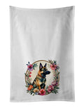 Belgian Malinois and Flowers Kitchen Towel Set of 2 White Dish Towels Decorative Bathroom Hand towel for Hand, Face, Hair, Yoga, Tea, Dishcloth, 19 X 28", White