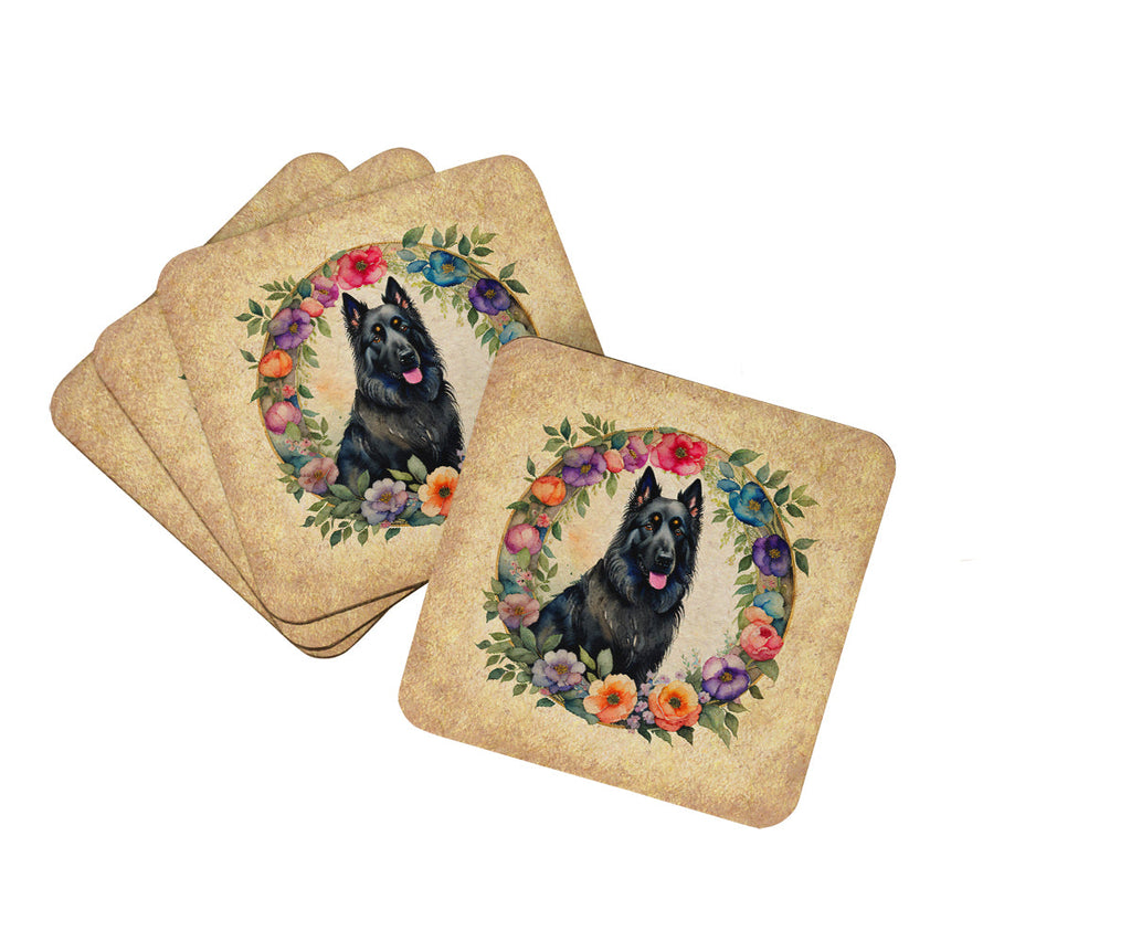 Belgian Sheepdog and Flowers Foam Coasters Set of 4 Cup Coasters for Indoor Outdoor, Tabletop Protection, Anti Slip, Mouse pad Material