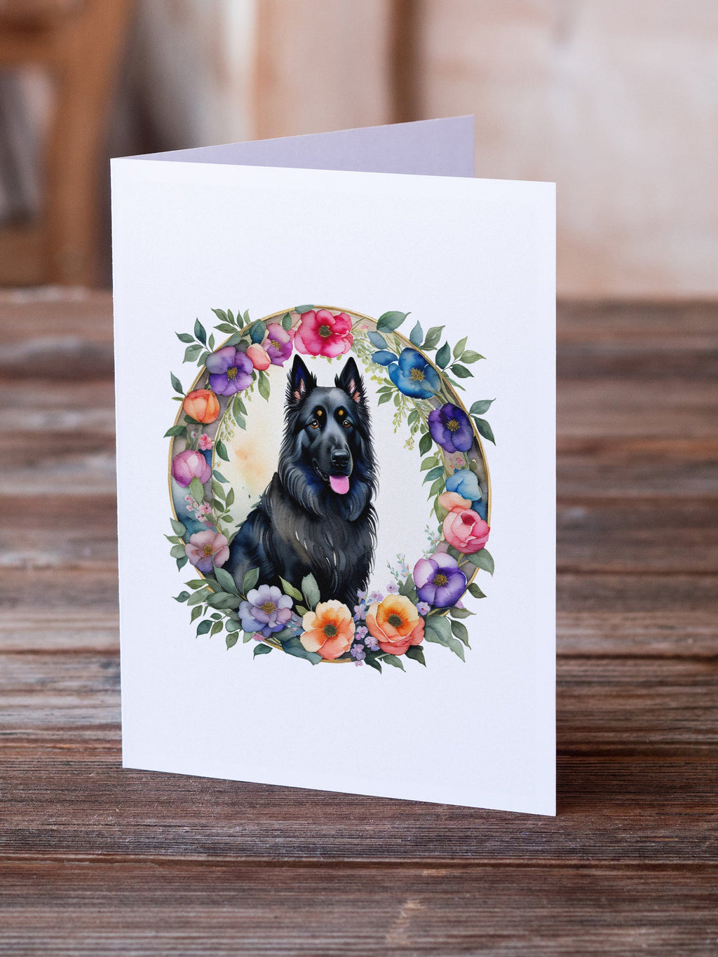 Belgian Sheepdog and Flowers Greeting Cards Pack of 8 Blank Cards with Envelopes Whimsical A7 Size 5x7