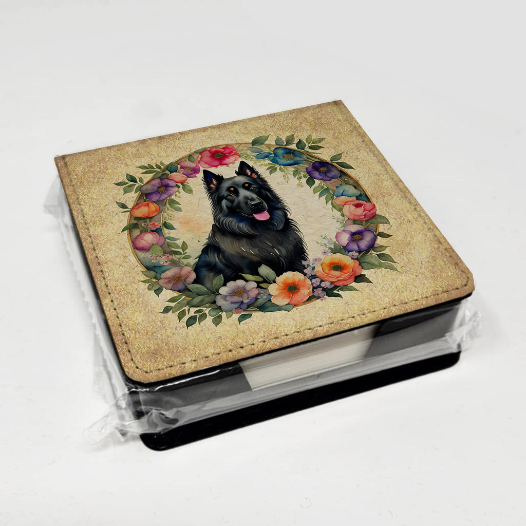 Belgian Sheepdog and Flowers PU Leather Note Paper Holder with Artist-Designed Cover, Desk Accessory, Office Gift