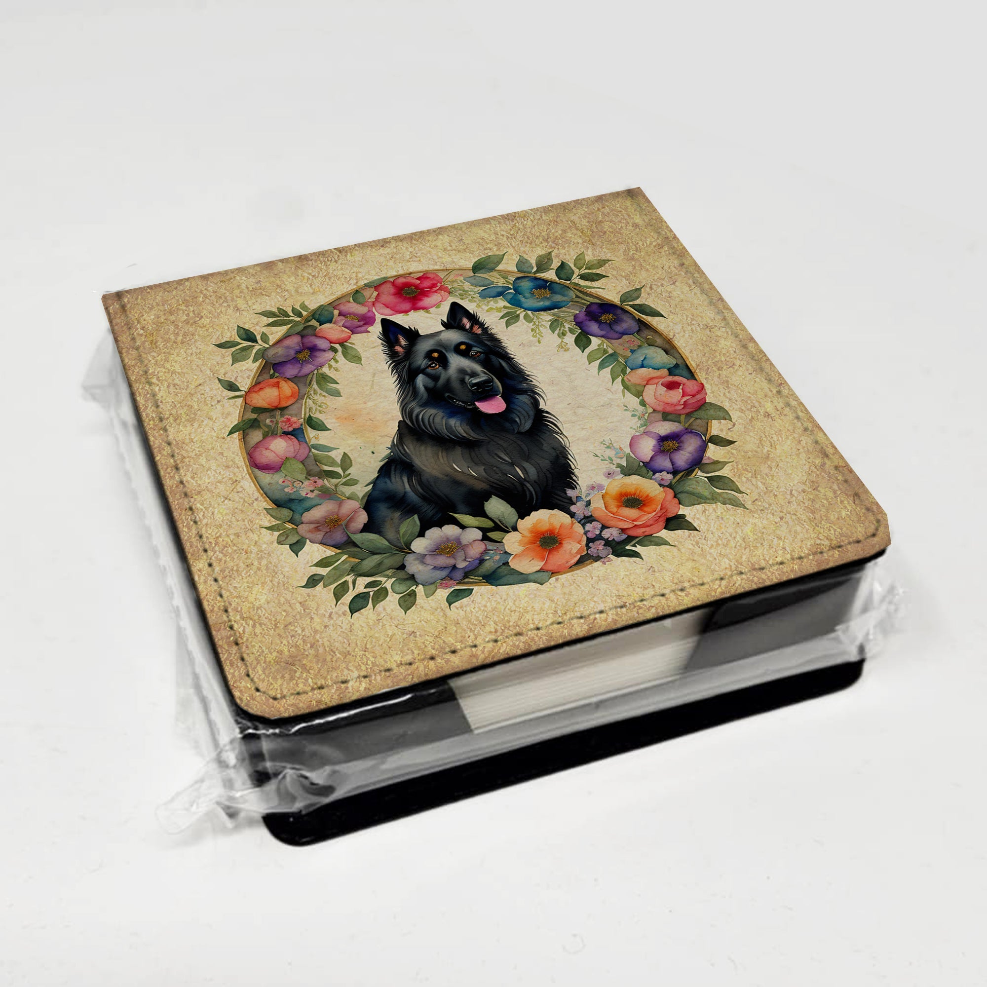 Belgian Sheepdog and Flowers PU Leather Note Paper Holder with Artist-Designed Cover, Desk Accessory, Office Gift