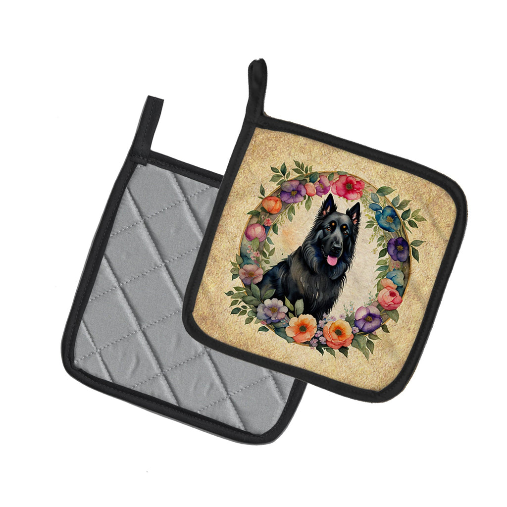 Belgian Sheepdog and Flowers Pot Holder Set of 2 Heat Resistant Quilted Hot Pads 7.5 x 7.5 Inch, Insulated Kitchen Trivets for Cooking & Baking