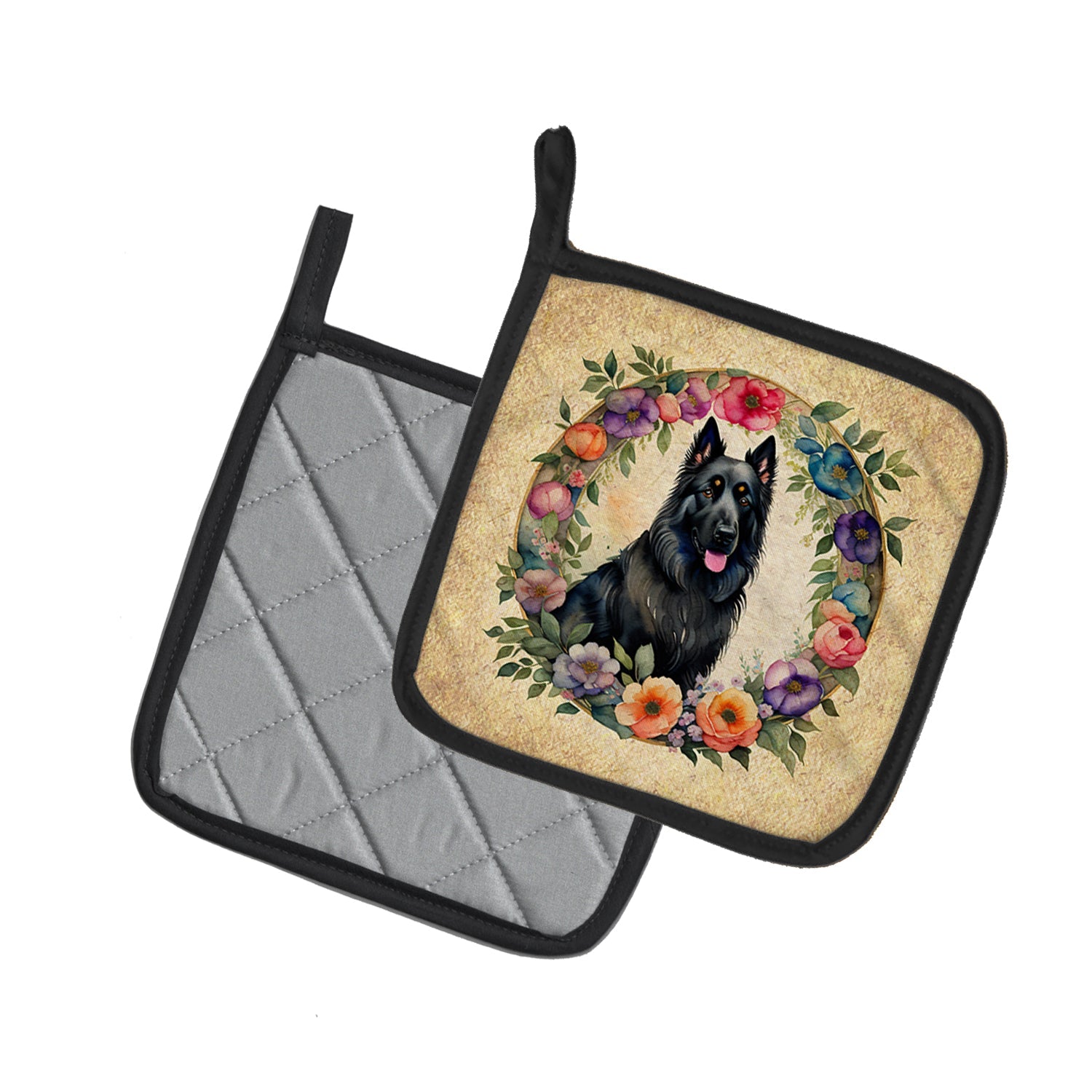 Belgian Sheepdog and Flowers Pot Holder Set of 2 Heat Resistant Quilted Hot Pads 7.5 x 7.5 Inch, Insulated Kitchen Trivets for Cooking & Baking