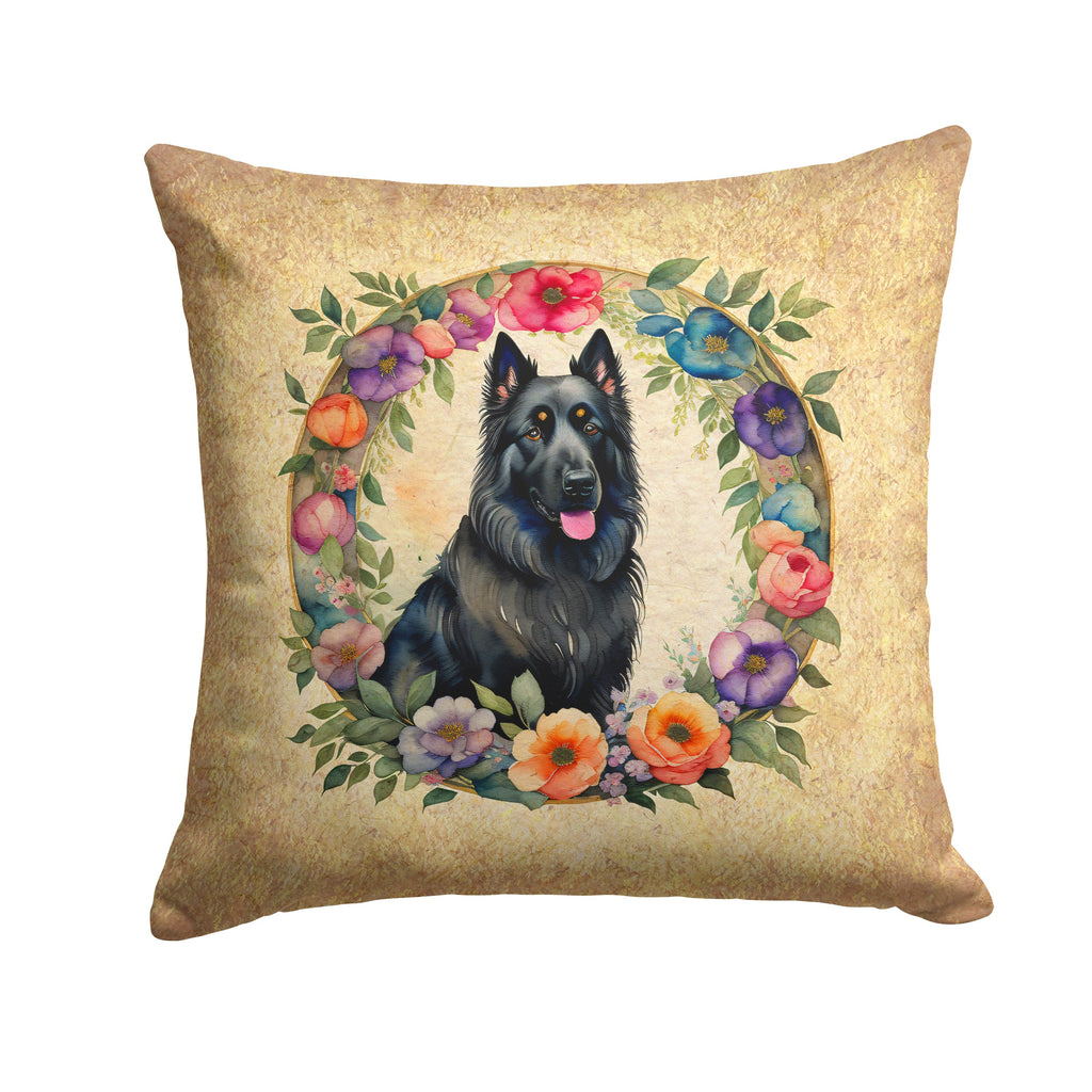Belgian Sheepdog and Flowers Decorative Throw Pillow 14x14 Indoor Outdoor Accent Cushion, Fabric Cover with Insert for Sofa, Bed, Porch & Living Room