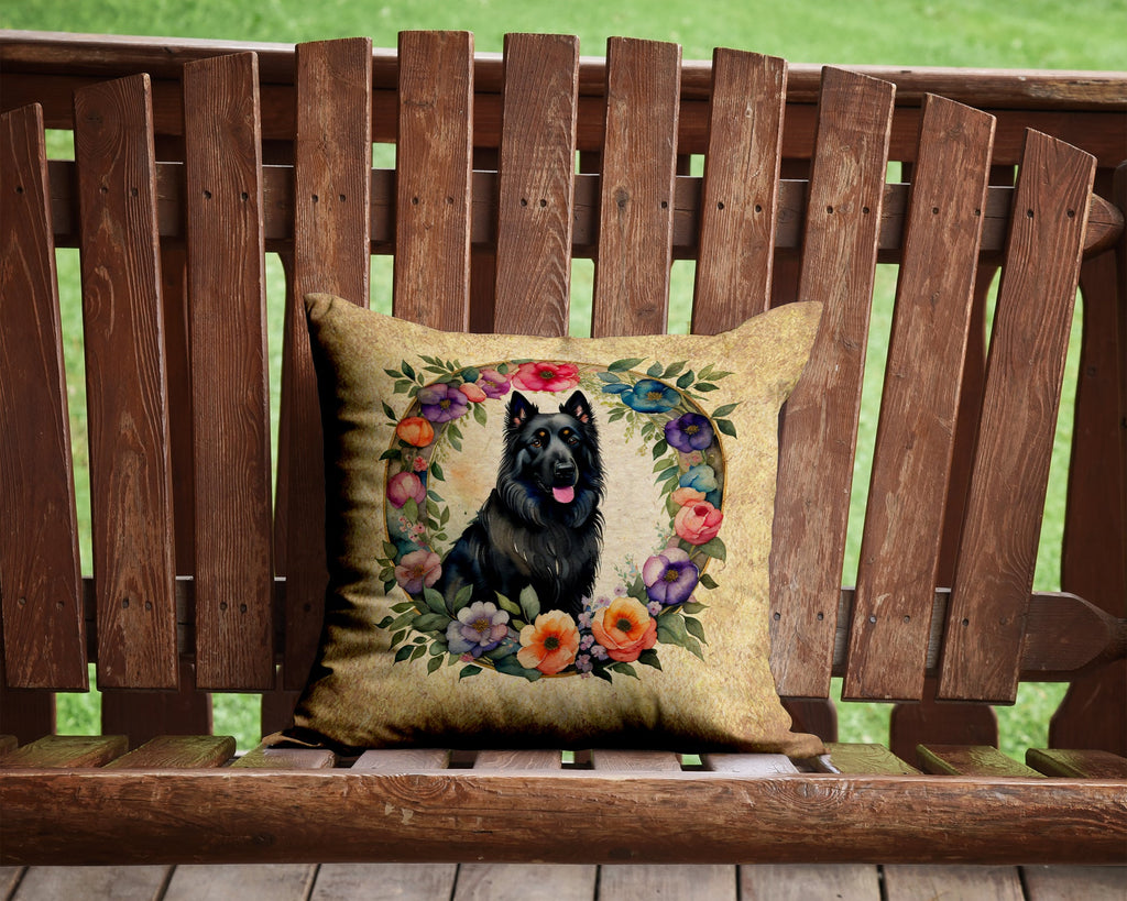 Belgian Sheepdog and Flowers Decorative Throw Pillow 14x14 Indoor Outdoor Accent Cushion, Fabric Cover with Insert for Sofa, Bed, Porch & Living Room
