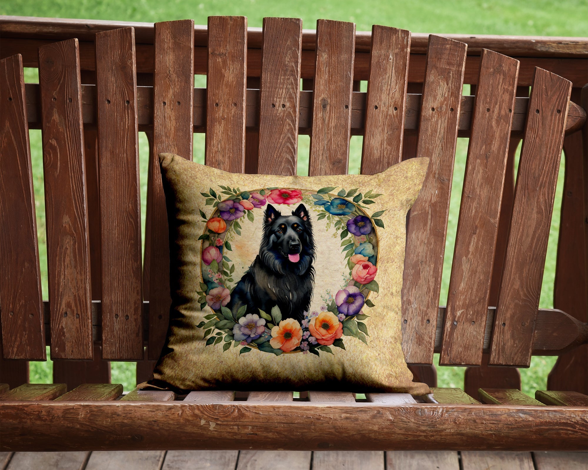 Belgian Sheepdog and Flowers Decorative Throw Pillow 14x14 Indoor Outdoor Accent Cushion, Fabric Cover with Insert for Sofa, Bed, Porch & Living Room