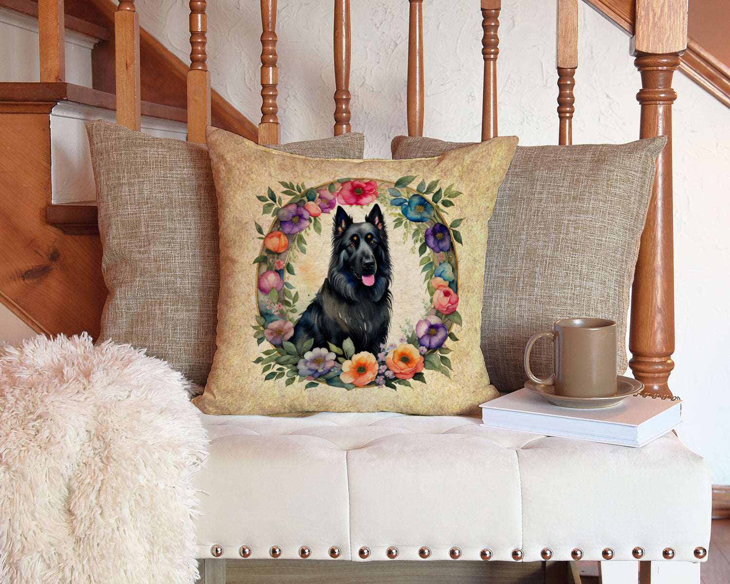 Belgian Sheepdog and Flowers Decorative Throw Pillow 14x14 Indoor Outdoor Accent Cushion, Fabric Cover with Insert for Sofa, Bed, Porch & Living Room
