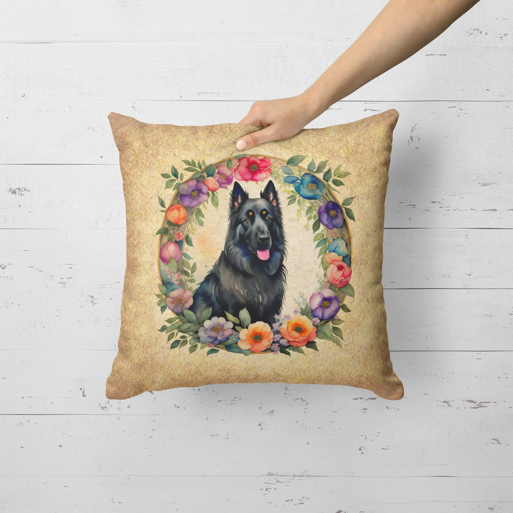 Belgian Sheepdog and Flowers Decorative Throw Pillow 18x18 Indoor Outdoor Accent Cushion, Fabric Cover with Insert for Sofa, Bed, Porch & Living Room