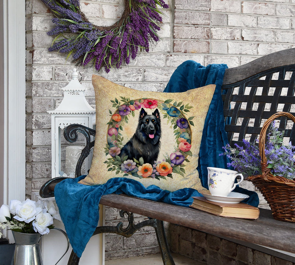 Belgian Sheepdog and Flowers Decorative Throw Pillow 18x18 Indoor Outdoor Accent Cushion, Fabric Cover with Insert for Sofa, Bed, Porch & Living Room