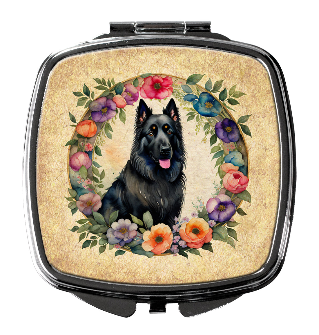 Belgian Sheepdog and Flowers Compact Mirror Decorative Travel Makeup Mirror for Women Girls Gifts Pocket Makeup Mirror Folding Handheld