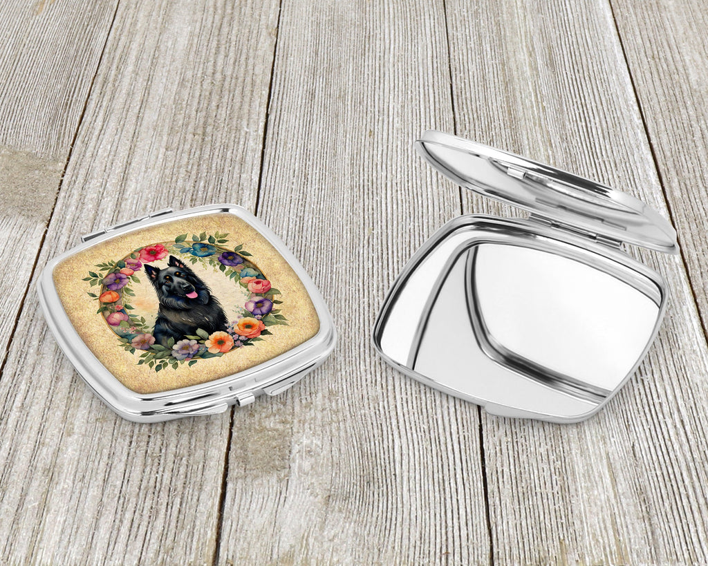 Belgian Sheepdog and Flowers Compact Mirror Decorative Travel Makeup Mirror for Women Girls Gifts Pocket Makeup Mirror Folding Handheld