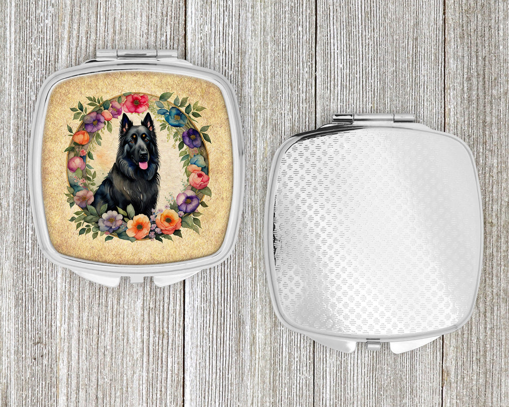 Belgian Sheepdog and Flowers Compact Mirror Decorative Travel Makeup Mirror for Women Girls Gifts Pocket Makeup Mirror Folding Handheld