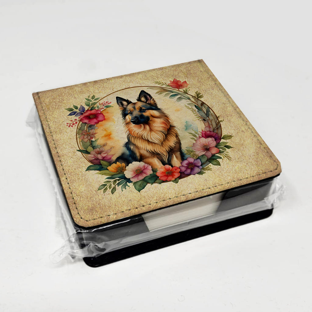 Belgian Tervuren and Flowers PU Leather Note Paper Holder with Artist-Designed Cover, Desk Accessory, Office Gift