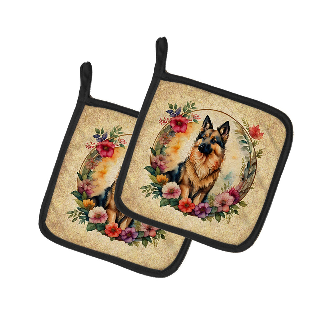Belgian Tervuren and Flowers Pot Holder Set of 2 Heat Resistant Quilted Hot Pads 7.5 x 7.5 Inch, Insulated Kitchen Trivets for Cooking & Baking