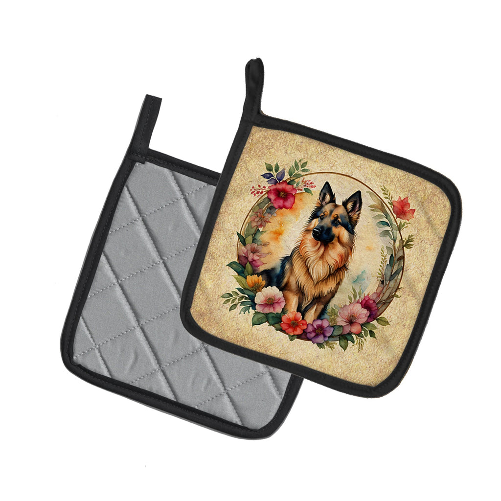 Belgian Tervuren and Flowers Pot Holder Set of 2 Heat Resistant Quilted Hot Pads 7.5 x 7.5 Inch, Insulated Kitchen Trivets for Cooking & Baking